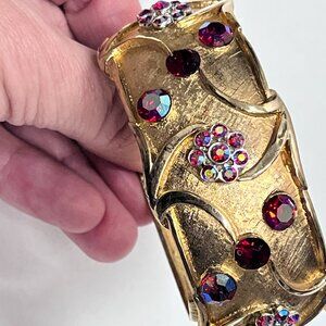 Vintage Spring-clasp CuffBracelet - Gold with Red & Iridescent Rhinestones